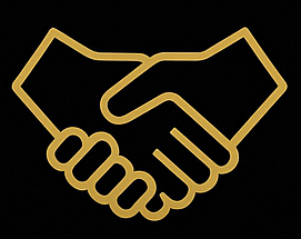 Gold handshake icon on a black background